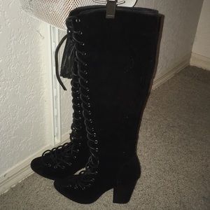 Wet seal faux suede lace-up boots with wooden heel